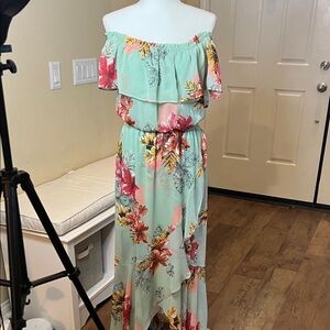 Express Mint Floral Off-Shoulder Maxi Dress